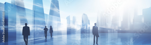 Banner of silhouetted business professionals walking in a futuristic cityscape