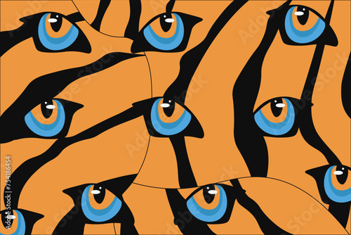 Fototapeta Naklejka Na Ścianę i Meble -  Style creative Animal background. Bengal Tiger Abstract background in trendy Avant-Garde style with eyes. Hand Drawing Animal backdrop. Vector illustration can used pillow t-shirt print. EPS 10 