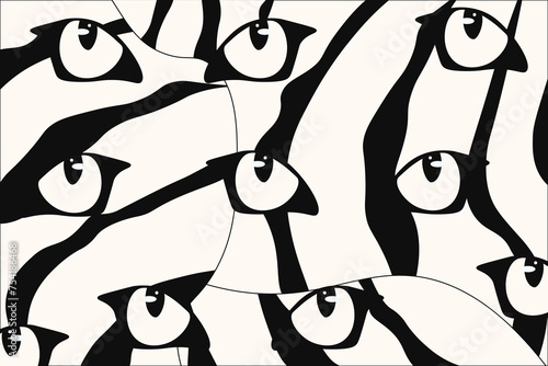 Black and white Animal background. Tiger Abstract background in trendy Avant-Garde style with eyes. Hand Drawing Animal backdrop. Vector illustration can used pillow t-shirt print. EPS 10  photo