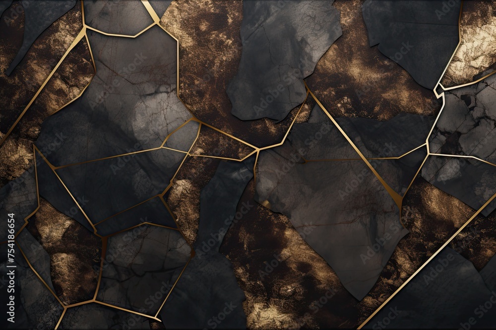 Black marble texture with golden lines. Luxury background.
