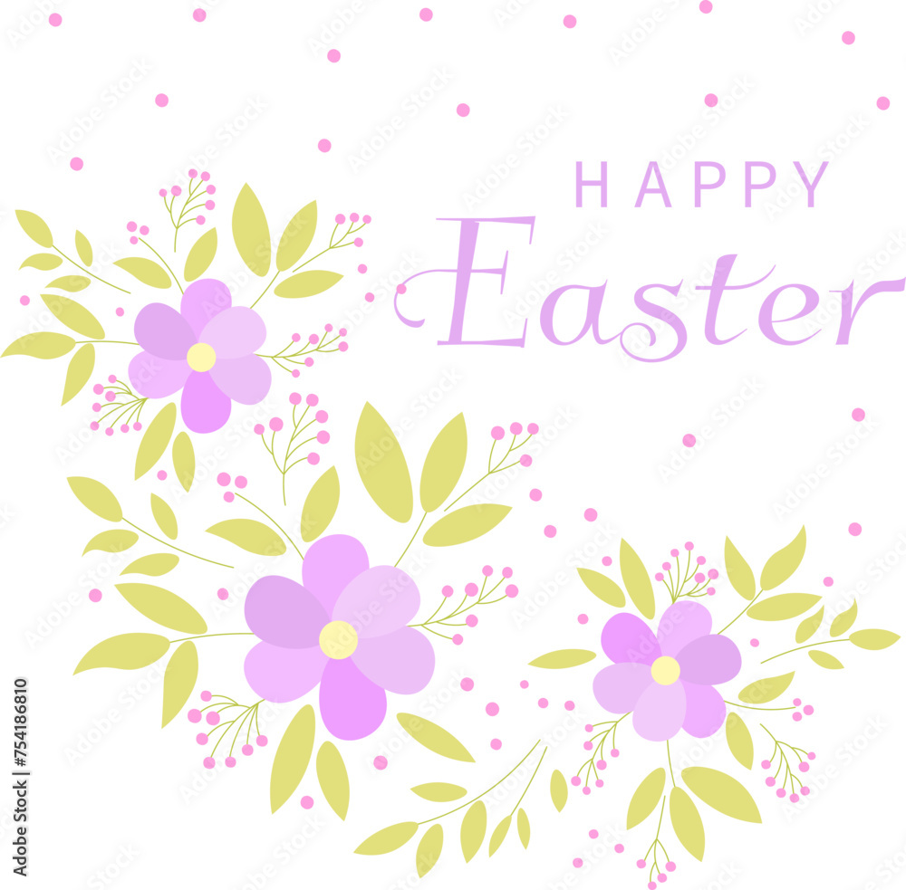 Happy Easter vector card. Flowers, leaves and the inscription Happy Easter. Spring card. Postcard with spring flowers.