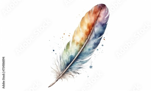 Watercolor feather isolated on white background. Hand-drawn illustration.