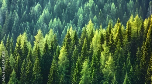 Healthy green trees in a forest of old spruce, fir and pine trees in wilderness of a national park. Sustainable industry, ecosystem and healthy environment concepts and background. photo