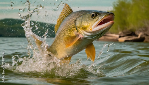 High-quality photo . Large mouth bass jumping out of the water. front view 