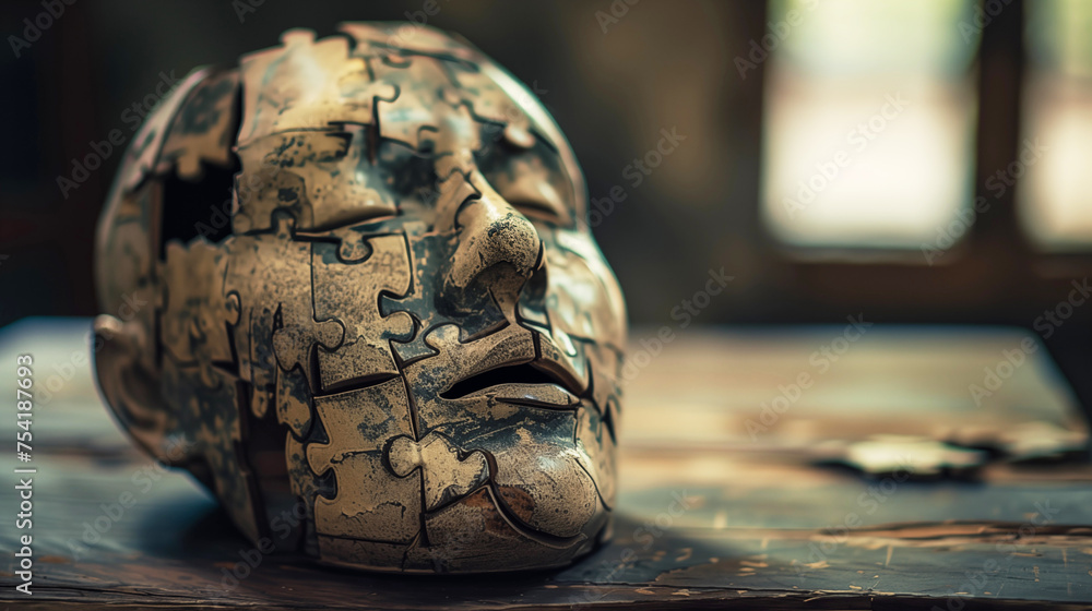 Human head made out of puzzle pieces as a metaphor of the complexity of an individual’s mental well-being, suggesting that a person’s mental health is composed of different elements that fit together 