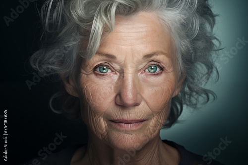 Studio portrait of a beautiful elderly woman of European appearance with gray hair and deep wrinkles, with a clear look and lively expressive eyes, on a dark background