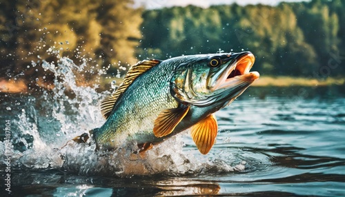 High-quality photo . Large mouth bass jumping out of the water. front view 