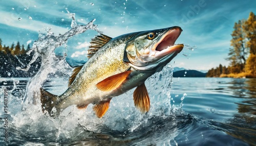 High-quality photo . Large mouth bass jumping out of the water. front view 