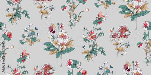 Fototapeta Naklejka Na Ścianę i Meble -  Blooming Floral allover seamless repeat pattern Digital textile design for shirt asian indian dress Bright colorful