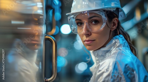 Female worker wearing protective clothing while operating equipment in modern chemical factory photo