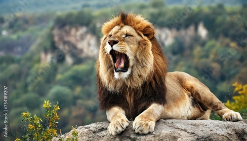 High-quality photo . Lion roaring on the cliff. animal world with forest in the background  photo