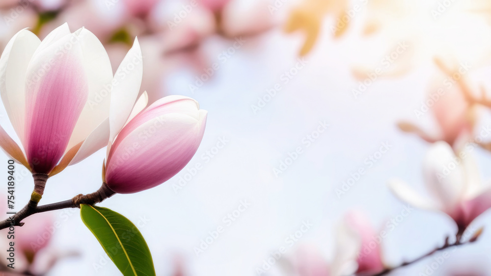 Close-up of magnolia flower, banner, space for text. Spring, light shades. Close-up of magnolia flower, banner, space for text. Spring, light shades.