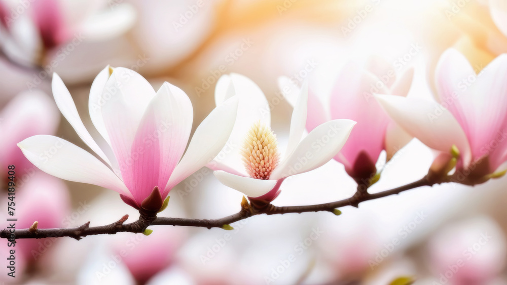 Banner magnolia branch with soft pink and white flowers on a blurred light background of flowers. Banner magnolia branch with soft pink and white flowers on a blurred light background of flowers.