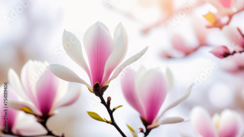 Blooming magnolias of soft pink and white color  close-up  blurred light background.