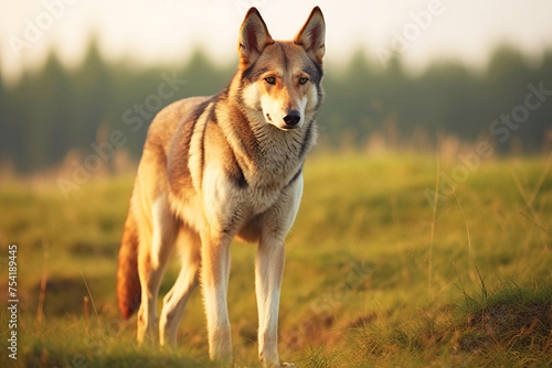 Purebred beautiful breed of dog Czechoslovakian Wolfdog  background nature.