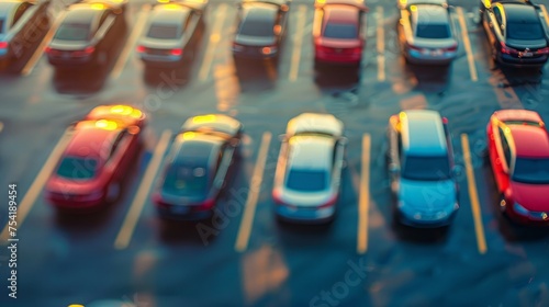 Abstract blurred of cars park at outdoor car parking, high angle view.