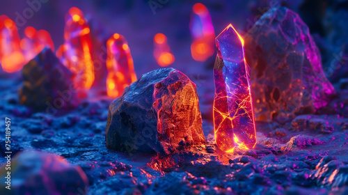 High definition macro shots of neon stone tools crafted by a cartoon secret society bracing for an alien invasion during a transition era