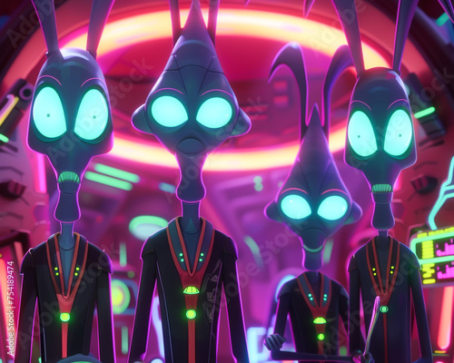 In a vivid full HD cartoon a secret society uses neon and stone tools to navigate the transition period of an impending alien invasion photo