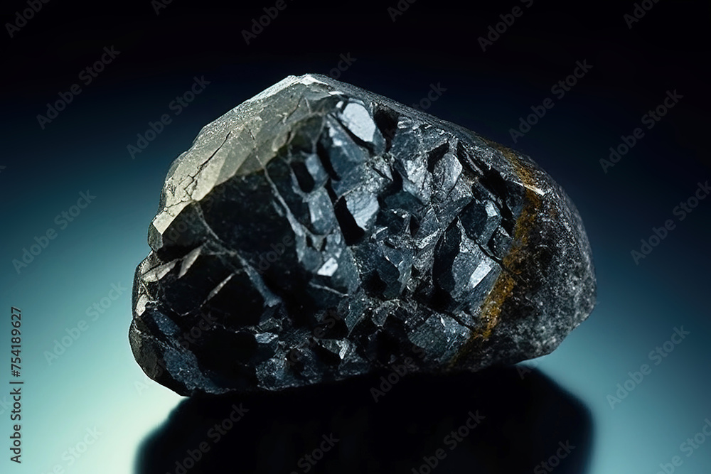 Ferberite is a rare precious natural stone on a black background. AI generated. Header banner mockup with space.