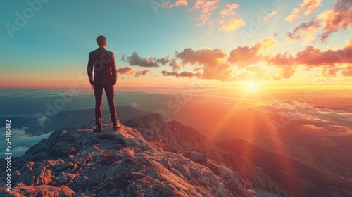 Successful Business man standing on the top of the mountain looking at the view. Business success concept