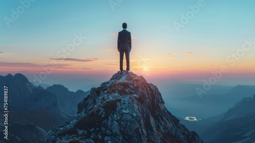 Successful Business man standing on the top of the mountain looking at the view. Business success concept photo