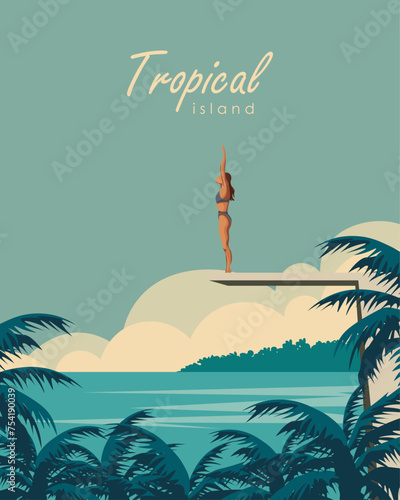 Tropical beach, island, ocean, poster, banner, postcard design.