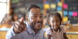 African American teacher pointing at blue in a positive way. Generative Ai