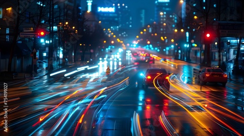Vibrant Nighttime City Street with Cars, To provide a striking and modern image of cars on a city street at night, suitable for technology, © kiatipol