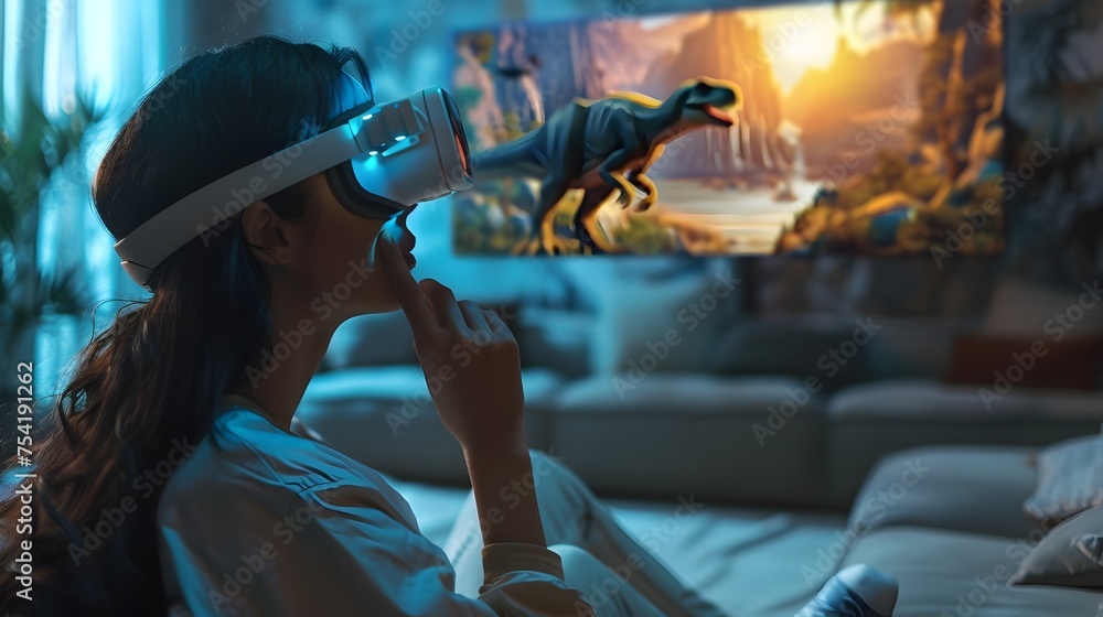 Woman Immersed in Virtual Reality Movie Experience