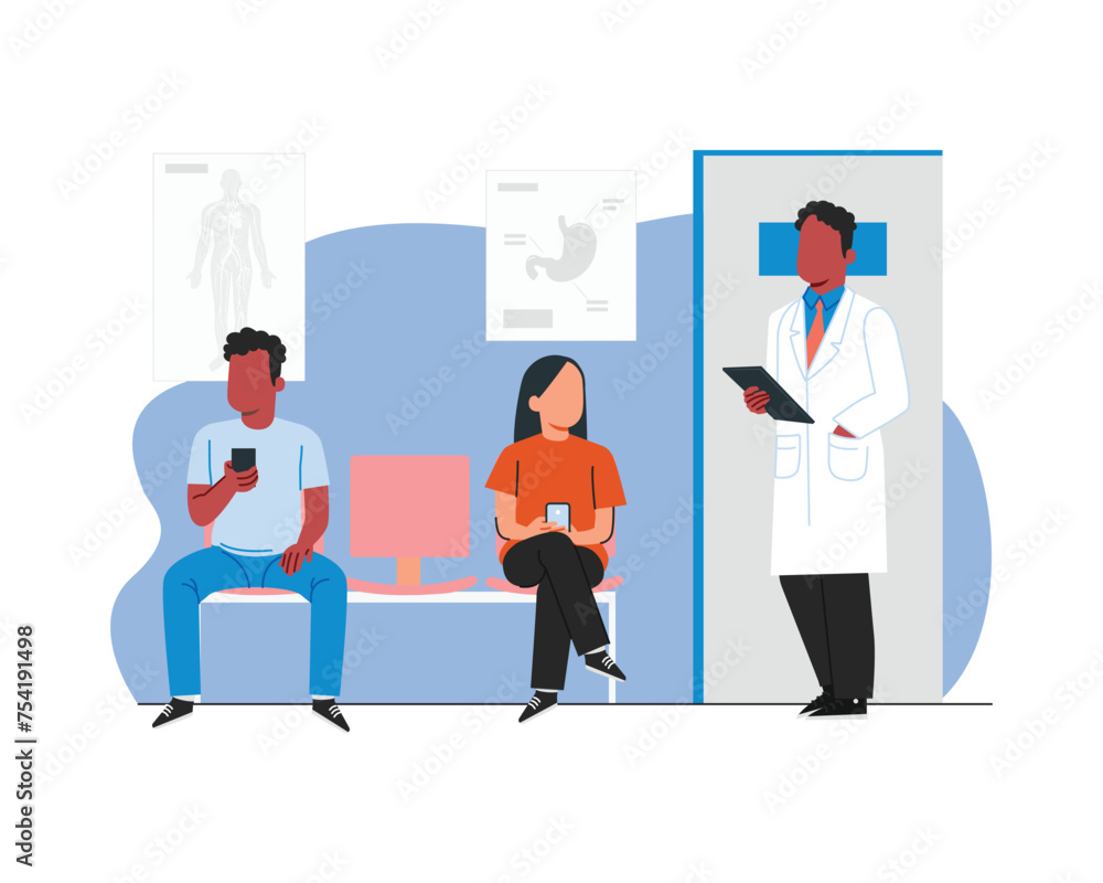 Male doctor in white lab coat with his male and female patients in hospital’s waiting room. Flat style design character vector illustration design Male doctor in white lab coat with his male and female patients in hospital’s waiting room. Flat style design character vector illustration design