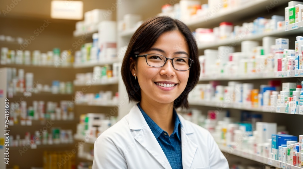 A pharmacist poses happily beside various medicines on shelves 