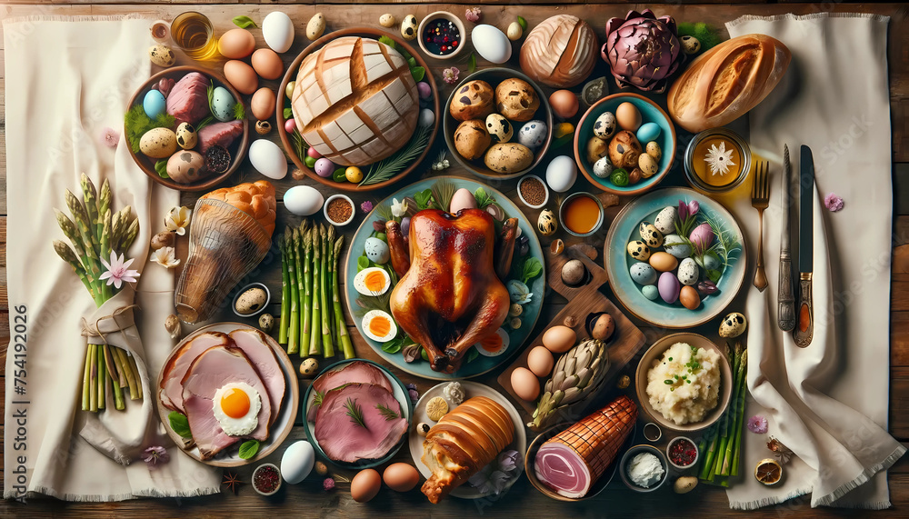 Flat lay composition of traditional Easter foods for holiday backgrounds