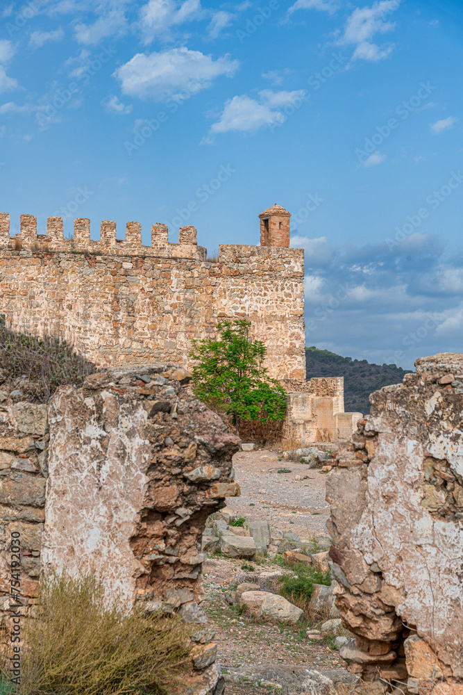 Sagunt, Valencia - Spain - View of the castle in Sagunt, showcasing thick walls, a large gate, partially ruined buildings and foundations