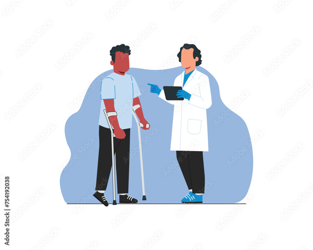 Nurse checks a male patient in crutches. Flat vector illustration.