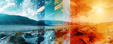 Abstract blue and red landscape with mountains, sun and moon as banner - Panorama