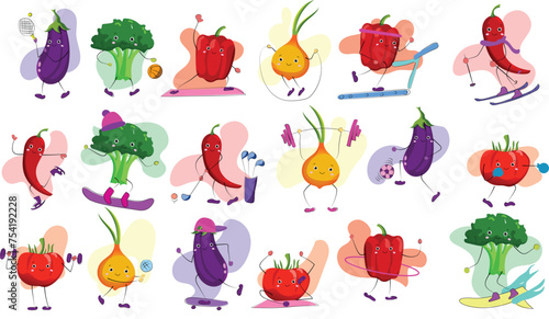 Vegetable characters exercising cartoon illustration set. Happy fit fruit with cute face playing ball, tennis, football, doing yoga, workout, lifting dumbbells, meditating. Sport, gym background	