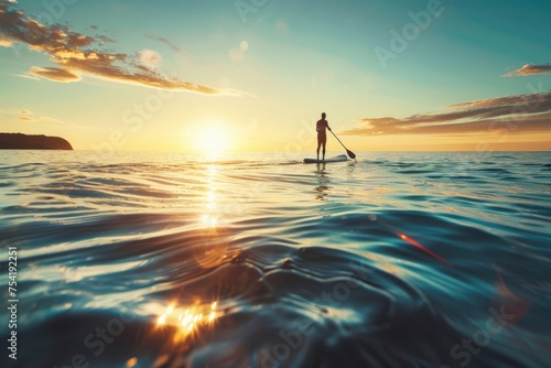 Silhouette of a Man Stand Up Paddleboarding at Sunset.