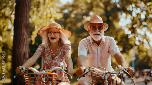 Radiant Elderly Couple Enjoying their retirement with a Leisurely Bicycle Ride in the Sunlit Park