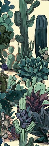 Background Texture Pattern Cacti and Succulents Design featuring an assortment of cactus and succulents palette of greens and blues with heavy black created with Generative AI Technology photo