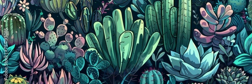 Background Texture Pattern Cacti and Succulents Design featuring an assortment of cactus and succulents palette of greens and blues with heavy black created with Generative AI Technology