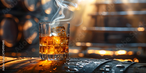 Glass of whiskey or bourbon, only with ice, Whiskey in a glass with fire on the background, 