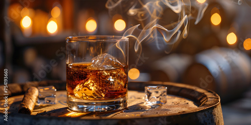 A well poured glass of Scotch whiskey, A glass of whiskey sitting on a wooden barrel, 