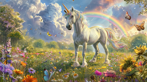 A radiant unicorn with a colorful mane stands in a blooming meadow, complete with a backdrop of a rainbow and butterflies.