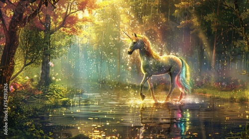 A sparkling rainbow unicorn wades through a mystical pond, surrounded by a luminous forest with falling light particles.