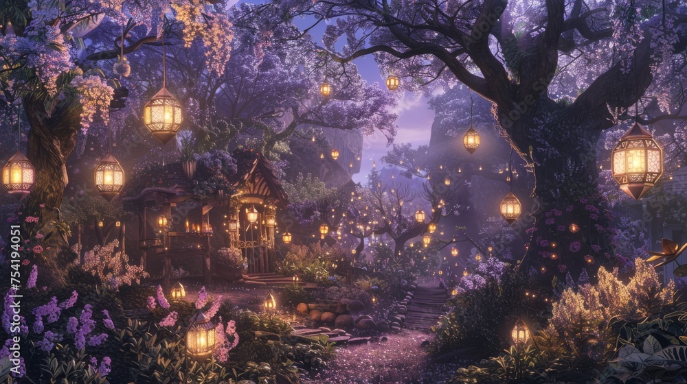Fototapeta premium A charming cottage garden bathed in twilight, with glowing lanterns hanging from flowering trees, creating a magical atmosphere.