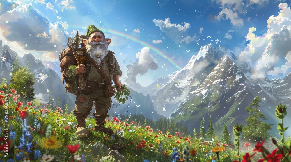 A cheerful gnome with a backpack enjoys the beauty of a colorful alpine meadow under a rainbow in a vibrant mountain landscape.