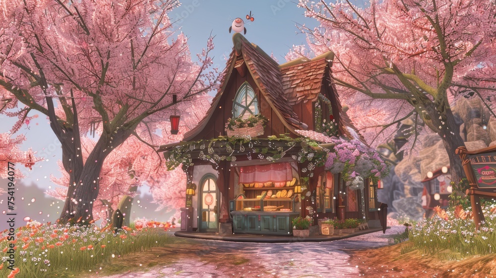 A whimsical bakery nestled among cherry blossom trees in full bloom, creating a scene straight out of a fantasy tale.