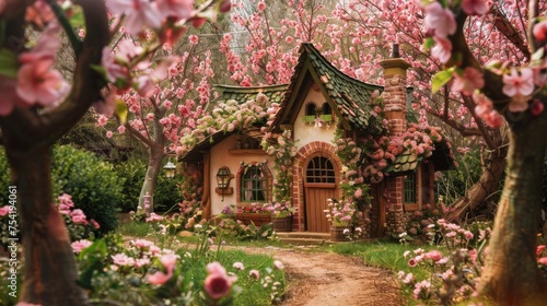 Quaint cottage with a charming thatched roof surrounded by an abundance of pink spring blossoms in a lush garden setting.