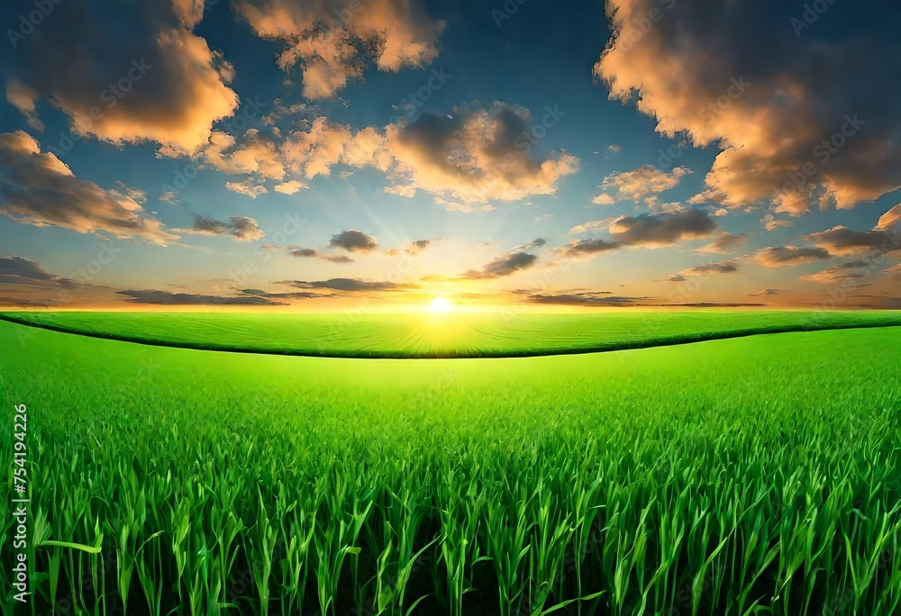 Green Field and Beautiful Sunset-