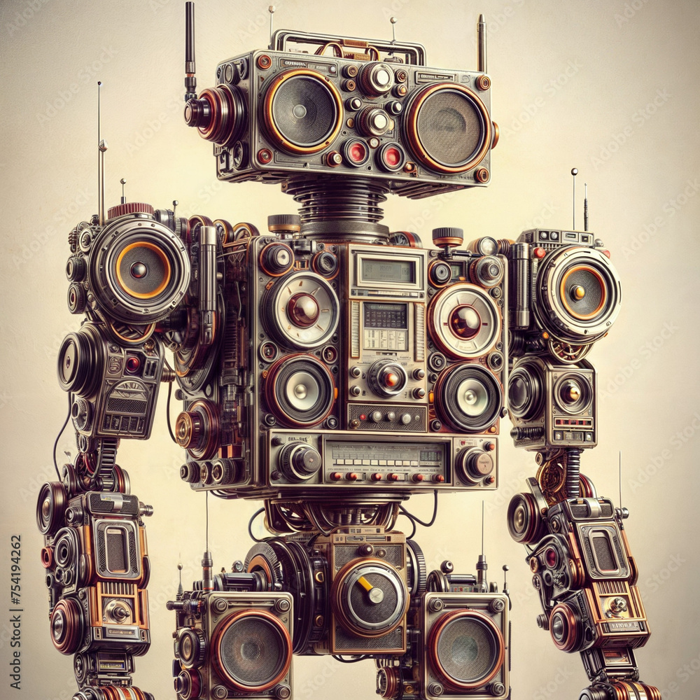 Illustration of a robot made of speakers.